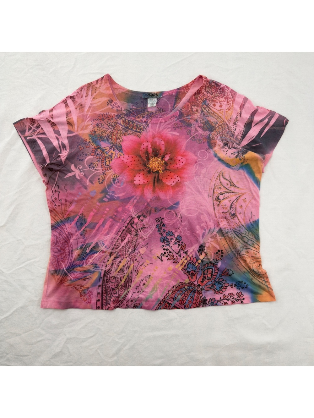 Y2K Vintage Only 9 Pink Paisley Floral Rhinestone Fairycore Top